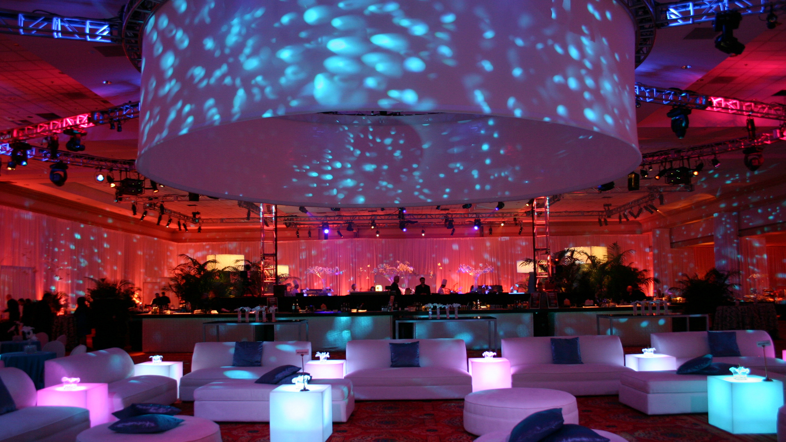 Spectacular event setup with pink and blue lighting
